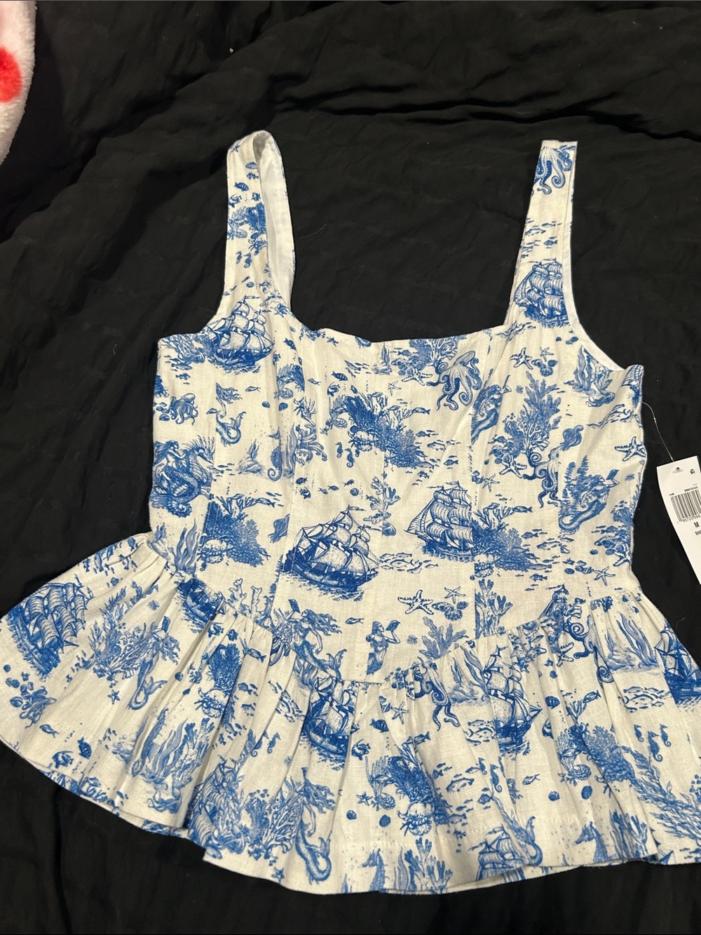 Avec Les Filles Blue and White Nautical Print Peplum Camisole